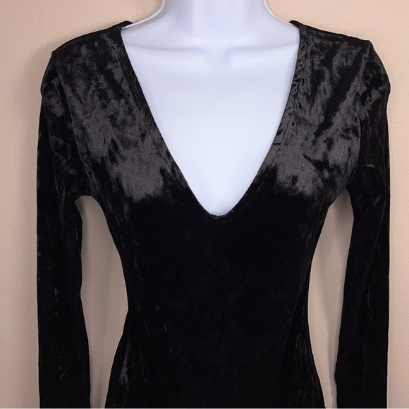 SMALL DIVIDED BLACK VELVET BODYSUIT LONG SLEEVE VNECK GOTH - Picture 6 of 12